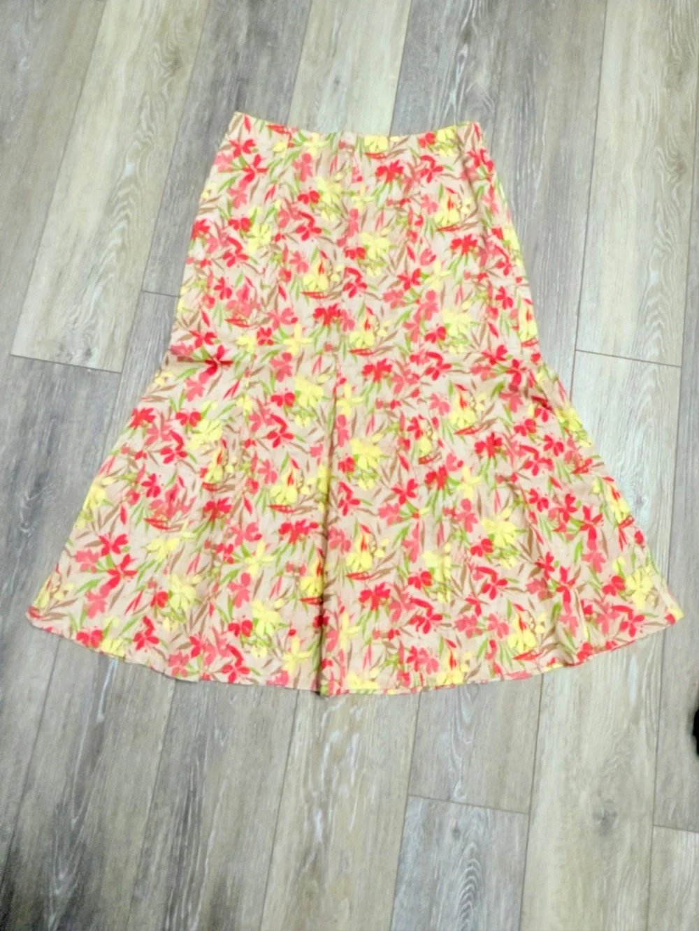 Linen & Cotton Floral A-Line Midi Skirt - Pink with Yellow & Red Flowers